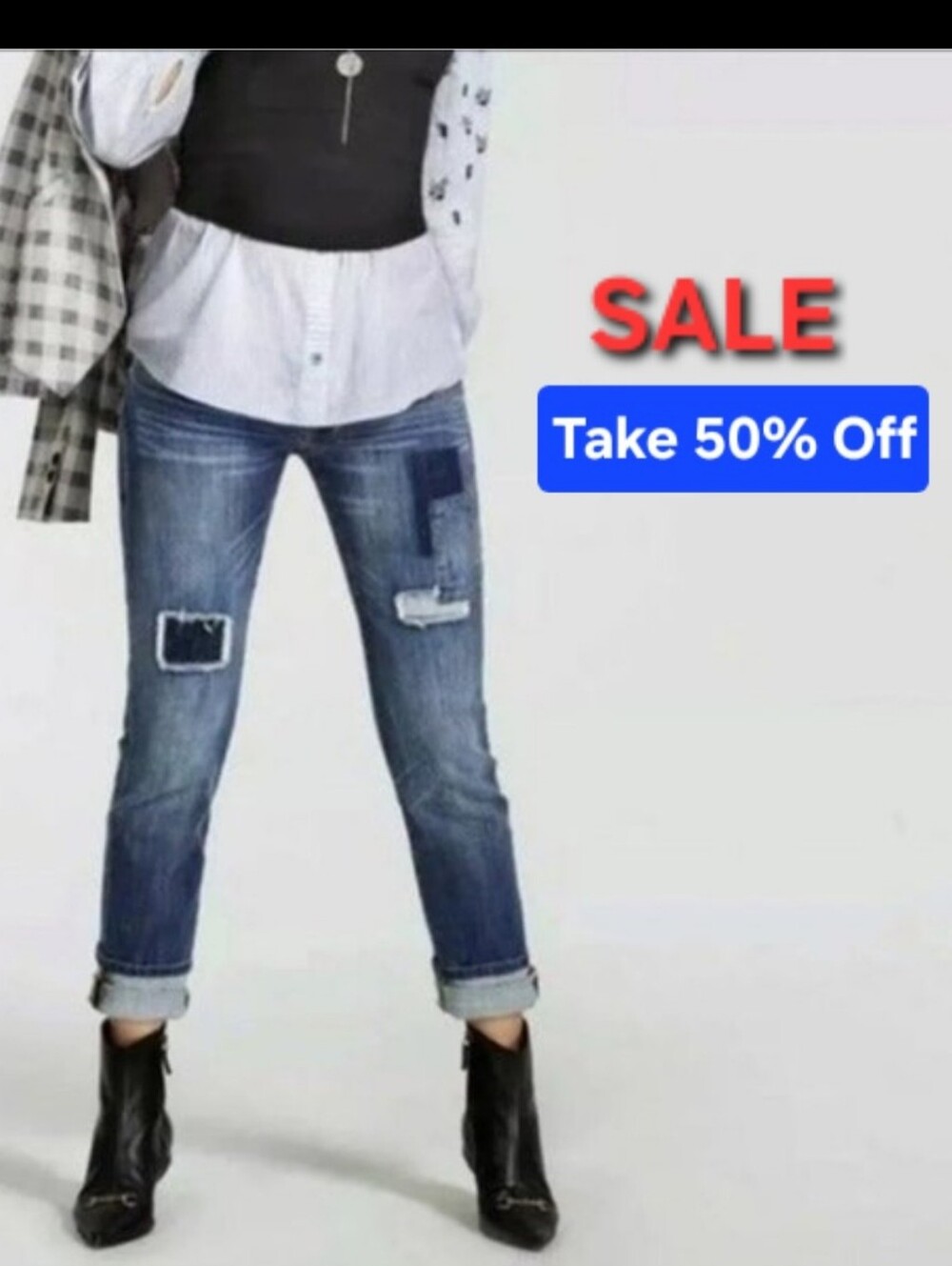 CAbi Blue Patchwork Boyfriend Jeans. Size 2